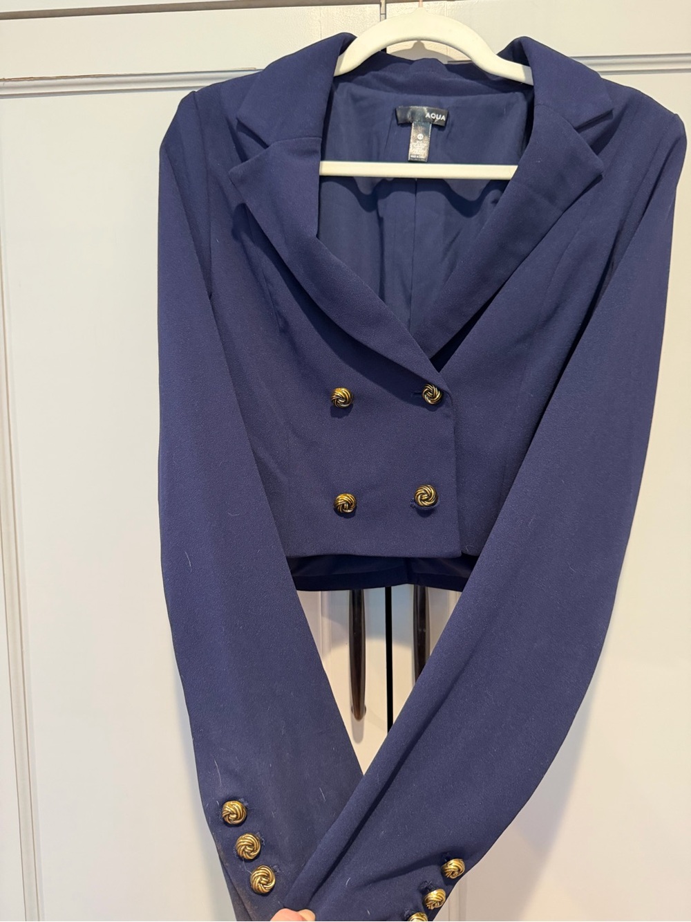 Aqua Navy Cropped Double-Breasted Blazer